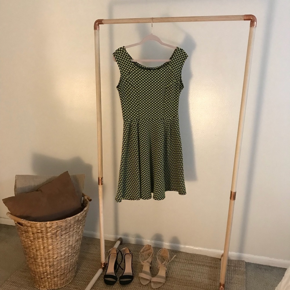 Black and green patterned A line dress